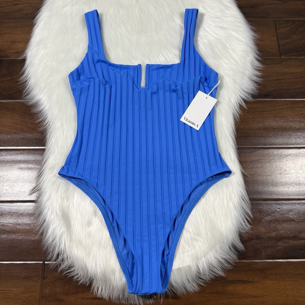 Vitamin A Women's Size Large Blue Alia Ribbed Halter One Piece Swimsuit
